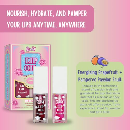 RUDE Cosmetics Tinted Lip Oil for Women, Hydrating Lip Gloss Oil Set, Lightweight & Nourishing, Moisturizing Care with a Glossy Finish, Ideal for On-the-Go Care, Passion Fruit & Grapefruit