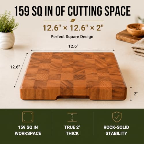Mahogany End Grain Cutting Board 12.6x12.6in with Holder – Knife-Friendly, Heavy Duty