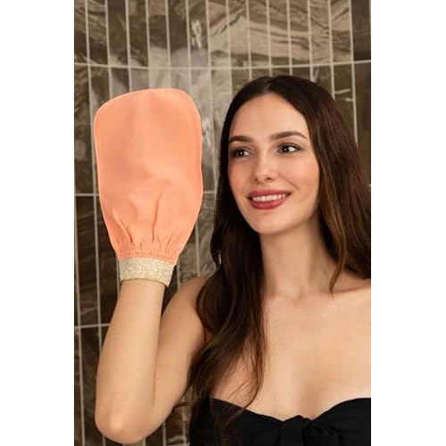 Feel Fine Turkish 100% Plant Silk Exfoliating Glove Set ? Natural Hammam Shower Bath Mitts for Face & Body, Gentle Scrub Gloves for Women & Men, Ideal for Shower, Bath, Spa (Salmon Pink & Gold)