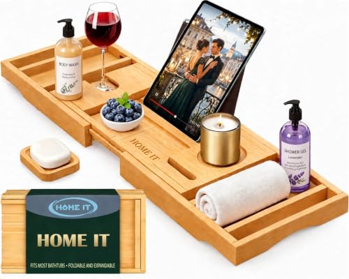 HOME IT Premium Foldable Bathtub Caddy Tray - Adjustable, Waterproof Bamboo