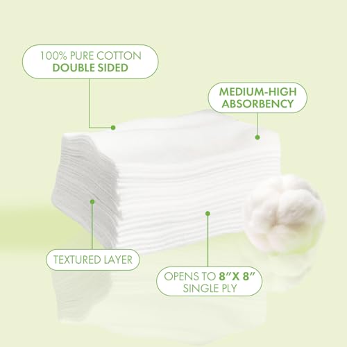 Intrinsics Large 4x4 Cotton Squares 2 Pack (400 Count) | 4-Ply Cotton Pads for Face & Makeup Removal | Lint-Free Facial Cleansing Pads & Face Pads for Toner | Hypoallergenic and 100% Pure Cotton