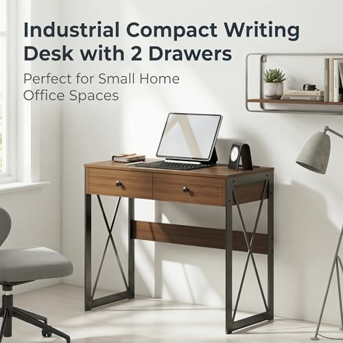 Small Rustic Brown Computer Desk with Power Outlets & USB Ports - 31.5 Inch Workspace