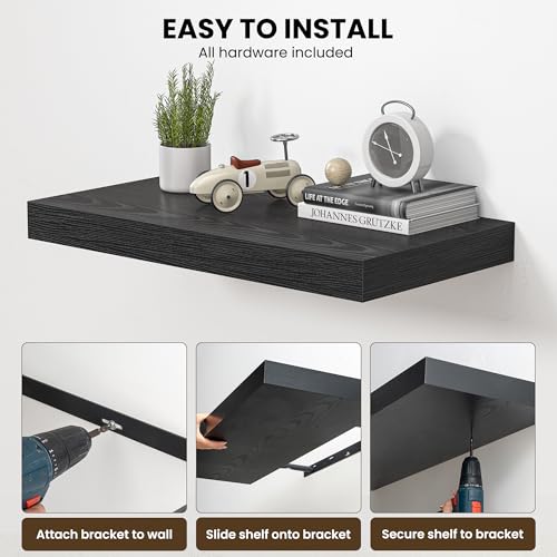48-Inch Deep Black Floating Shelves Set of 2 - Wall-Mounted Storage for Living Room Bedroom Kitchen