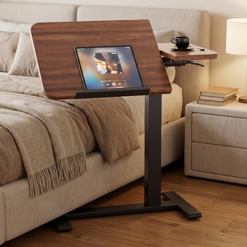 GTPLAYER Walnut Pneumatic Adjustable Standing Desk with Wheels - 28 Inch Tiltable Mobile Laptop Table for Home Office or Bedside