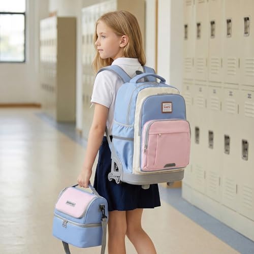 Kids 18-Inch Rolling Backpack Set with Lunch Bag & Rain Cover - Blue Pink - Effortless Stair-Climbing