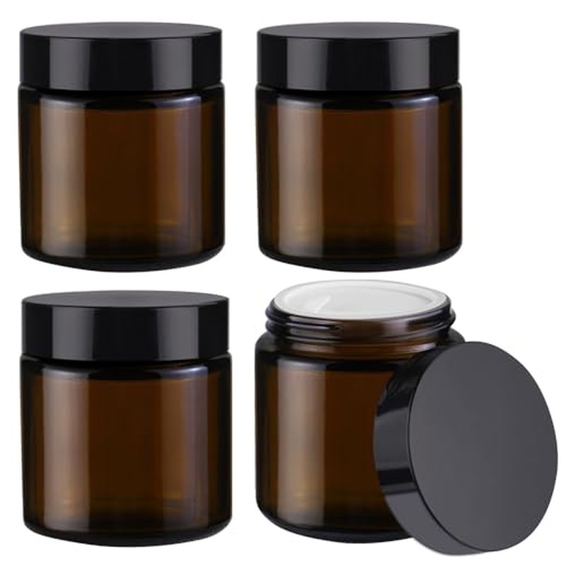 4Pcs 100g/3.4oz Amber Round Glass Jars Brown Facial Cream Packaging Pot Leak Proof Cosmetic Bottles with Plastic Inner Liners and Lids for Balm,Lotion,Aloe Gel,Body Scrub