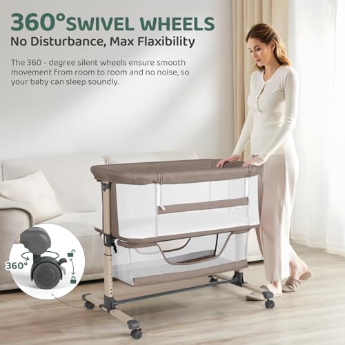 Cowiewie Bassinet Bedside Sleeper Khaki - Breathable, Adjustable Baby Crib