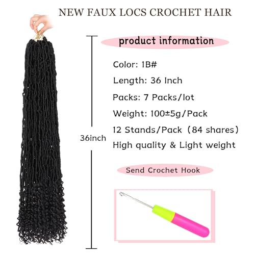 36 Inch Goddess Faux Locs Crochet Hair - 7 Packs Natural Black with Curly Ends