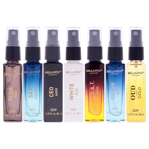 BellaVita Men's Perfume Gift Set - 7 Mini Colognes with Oud, Patchouli, and Bergamot