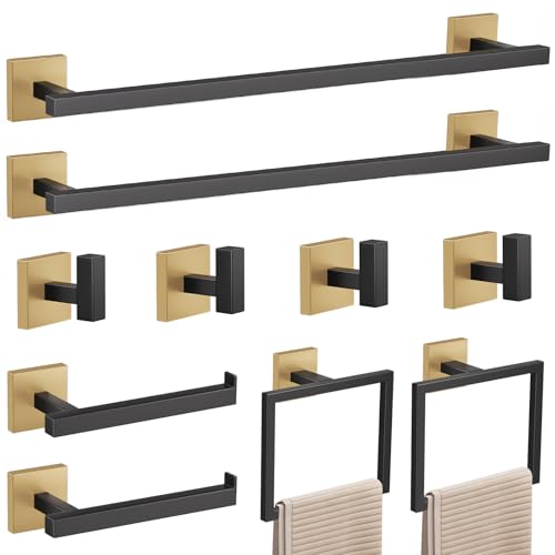10-Piece Black & Gold Bathroom Hardware Set - Wall Mounted Towel Racks & Accessories