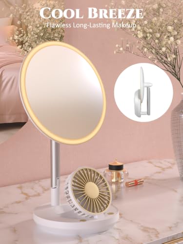 3-in-1 LED Makeup Mirror with Fan, Rechargeable Portable Vanity Light
