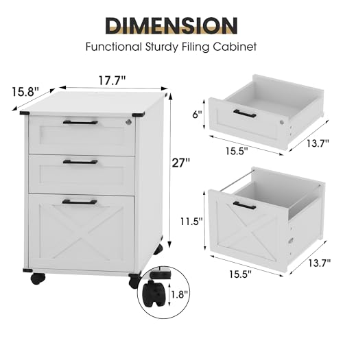 White Small Wood File Cabinet with Charging Station & Lock, 3 Drawers