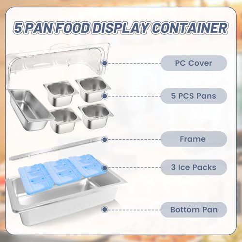 Countertop Food Serving Tray with 5 Pans for Buffet, Salad, Pizza & Cold Food Display