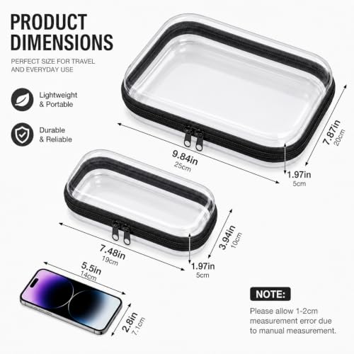 2-Pack Clear Hard Shell Travel Toiletry & Organizer Cases - TSA Approved Waterproof Zipper Pouches