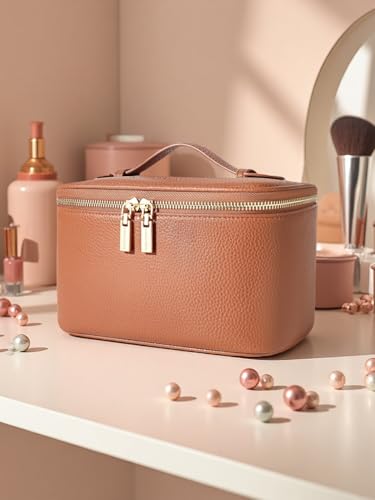 Camdeez Brown Travel Makeup Bag Organizer for Women, Portable Cosmetic Case