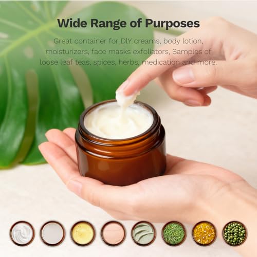105 Pack Amber Glass Jars with Black Lids & White Labels - 1 oz, UV Protection, Reusable, Ideal for Cosmetics & Storage - Bumobum
