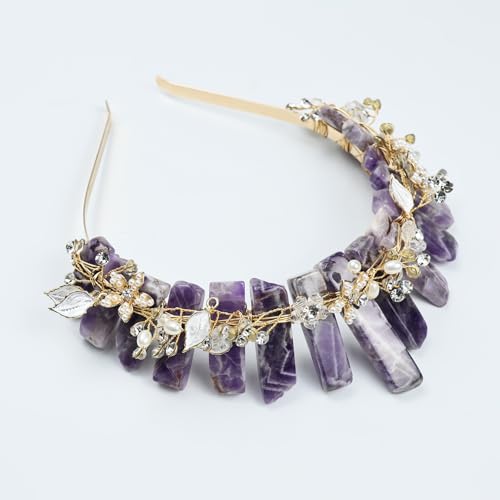 Women Raw Amethyst Headband with Pearl Flower for Bridal & Wedding - Purple Variation