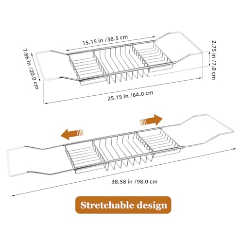 Cabilock Bathtub Tray - Stainless Steel Bathtub Caddy, Expandable Extra Wide Bath Tub Organizer, Rust-Resistant Over The Tub Shelf Rack with Non-Slip Grips for Phone Book Wine Glass, Silver