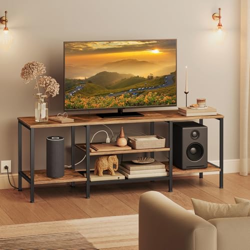 55 Inch TV Stand with Power Outlets, Rustic Brown & Black Entertainment Center