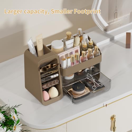 Countertop Makeup & Skincare Organizer with Adjustable Brush Holder - Taupe
