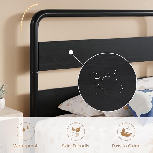 Black Twin Size Metal Bed Frame with Wooden Headboard - SHA CERLIN
