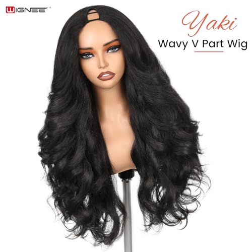 WIGNEE 26 Inch Black Curly V Part Wig with Flip Curls, Natural Yaki Texture