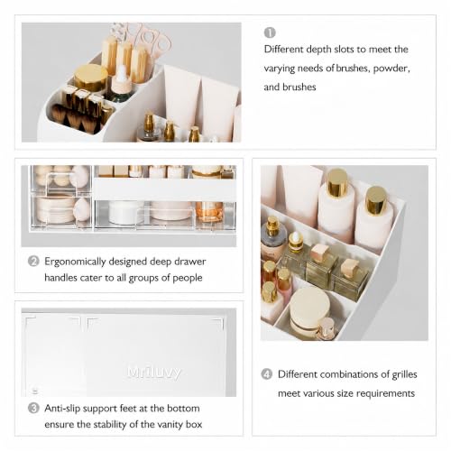 Mriluvy Extra Large White Clear Makeup Organizer with 3 Drawers & Brush Holder