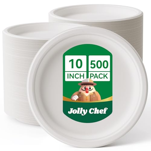 Eco-Friendly Heavy Duty 10 Inch Disposable Paper Plates - 500 Pack, White, Compostable