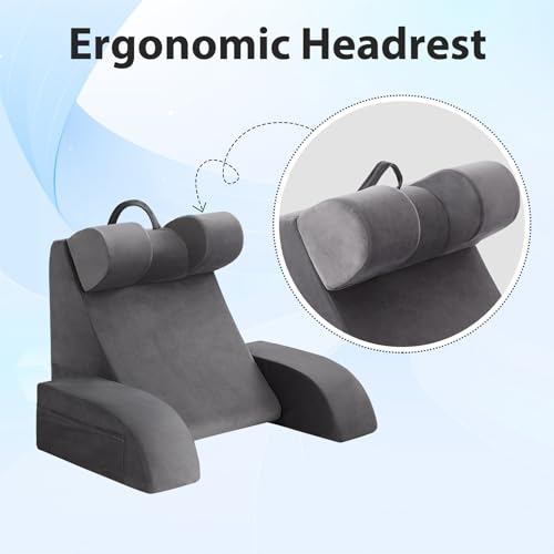 Velorose 21-Inch Large Reading Pillow with Back Support & Pockets - Grey
