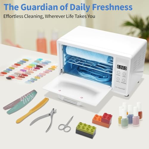 10L Nail Tool Sterilizer with Timer - White, UV & Hot Air Disinfection Cabinet