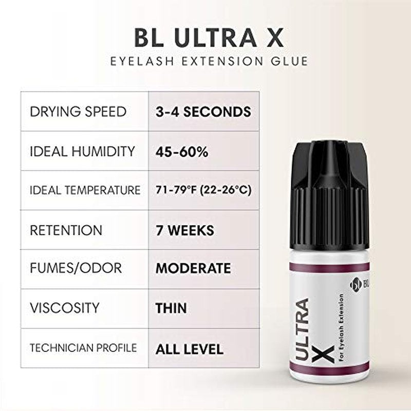 BL Lashes Ultra X | Lash Glue for Lash Extensions, Quick Drying Within 2-3 Sec, Up to 7 Weeks Long-Lasting Lash Retention, Low Viscosity, Black Adhesive for Professional Supplies (0.17fl.oz/5ml)