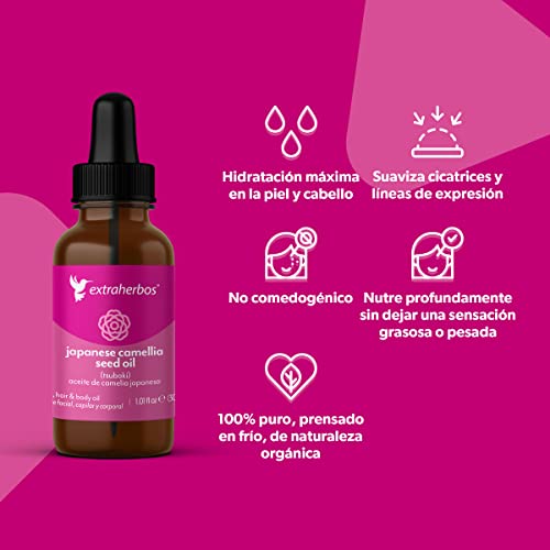 Extraherbos Japanese Camellia Oil 30ml - 100% Natural and Organic, Cold-Pressed, Anti-Wrinkle, Premium Moisturizer for Skin and Hair, Rich in Antioxidants, Vitamin E