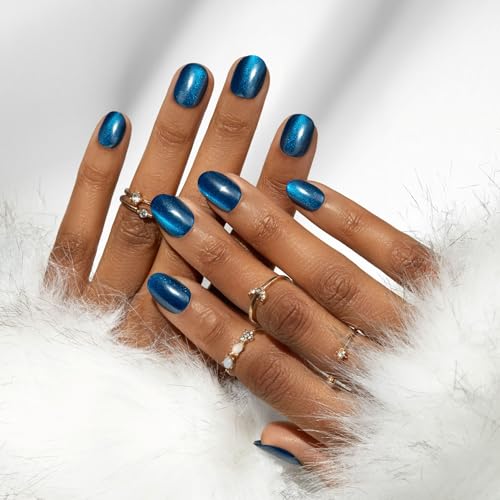 KISS colorFX by imPRESS Press On Nails , ¡®Reconnect¡¯, Solid Blue with Pearlescent Finish, Short Oval, IMPROVED adhesive, Includes 30 Fake Nails, Prep Pad, 1 Manicure Stick, 1 Mini Nail File
