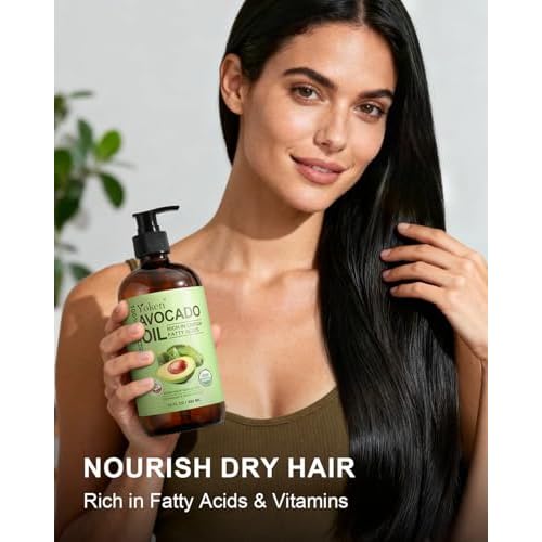 USDA Organic Avocado Oil Cold Pressed 16oz Glass Bottle - Moisturizing Unscented Body oil for Dry Scalp, Hair & Skin Hydrating,Non Greasy Carrier oils for Essential Oils Mixing,, aceite para cabello
