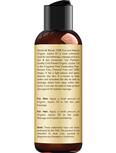 Handcraft Blends USDA Organic Jojoba Oil - Cold-Pressed 4 Fl Oz - 100% Pure and Natural - Premium Grade Carrier Oil for Skin and Hair - Hair and Body - Massage - Hexane-Free