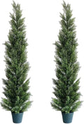 5 Feet Outdoor Artificial Cedar Topiary Trees Set of 2 - UV Resistant Faux Shrubs with Potted Design - Green