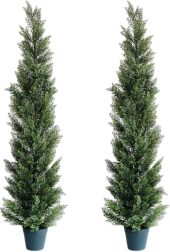 5 Feet Outdoor Artificial Cedar Topiary Trees Set of 2 - UV Resistant Faux Shrubs with Potted Design - Green