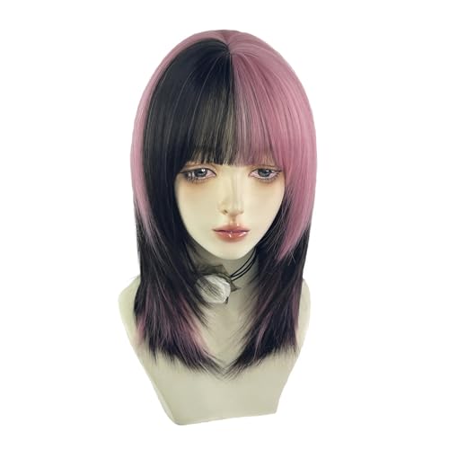 WKLOUYHE Women's Short Straight Wig with Bangs - Shoulder Length Bob, Heat Resistant Synthetic Hair, Black & Pink