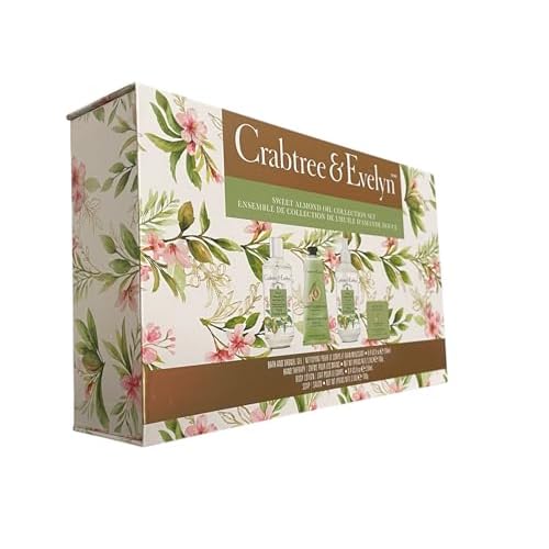 Crabtree & Evelyn Sweet Almond Oil Collection Set (Bath & Shower Gel 8.4 fl oz, Hand Therapy 3.5 oz, Body Lotion 8.4 fl oz, Bar Soap 3.5 oz)