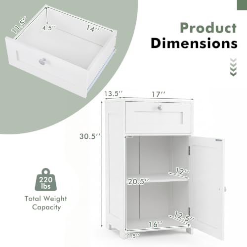 GIANTEX White Floor Bathroom Storage Cabinet 13.5"D x 17"W x 30.5"H with Door & Drawer
