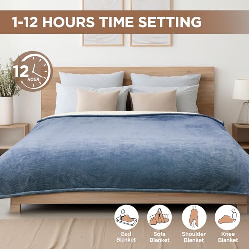 Westinghouse Blue Twin Heated Blanket 62x84 with Flannel and Sherpa