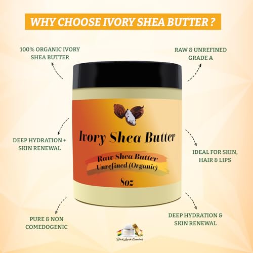 Organic West-African Ivory Shea Butter, Raw & Unrefined Grade A Shea Butter, DIY Ingredient, Moisture-Rich Skin & Hair Butter, Fast Absorbing, 8 oz Jar