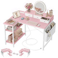 Pink 40 Inch L-Shaped Computer Desk with 3 Drawers & Power Outlets – Reversible Corner Study Table for Kids & Teens