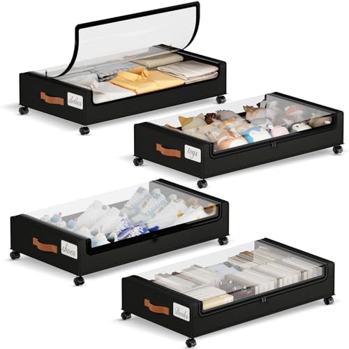 Yecaye Black 60L Under Bed Storage with Wheels - 4 Pack