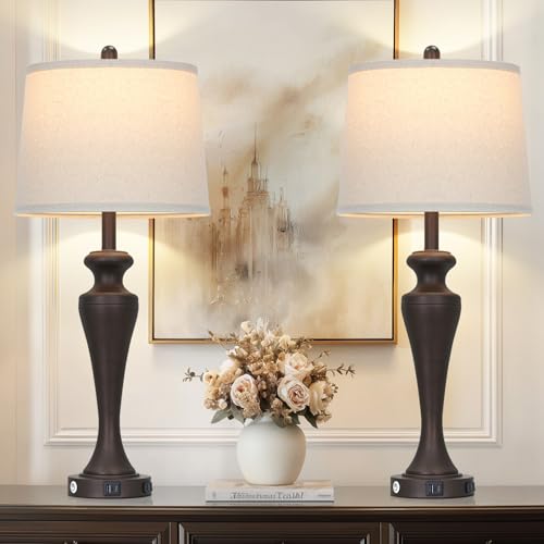 CINSARY 30-Inch Brown Set of 2 Modern Touch Control Table Lamps with USB & AC Outlet