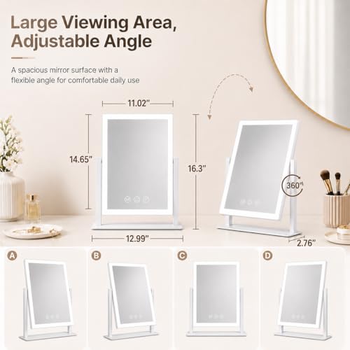 Lighted Makeup Vanity Mirror with Lights - 16x13 White with Three Color Modes and 360° Rotation