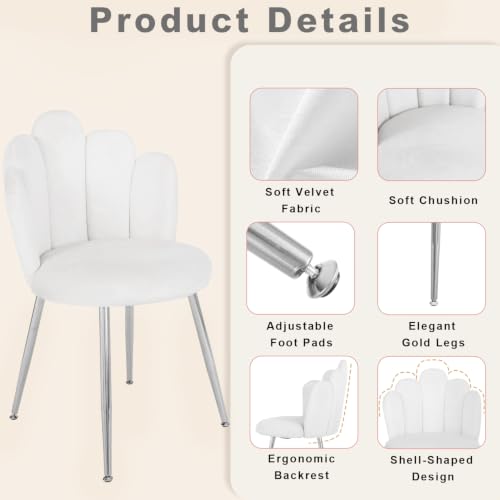 White Velvet Vanity Chair with Back Support and Metal Legs - Midcentury Modern Accent