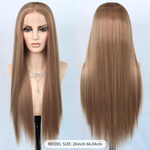 26-Inch Synthetic Lace Front Wig for Women - Ash Brown Blonde Highlights - Variation: Ash Brown Bleach Blonde Highlighted