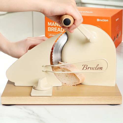 Cream Manual Bread Slicer with Adjustable Thickness, Hand Crank & Solid Wood Base