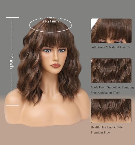 Brown Highlights Blonde Wig with Bangs - 14 Inch Wavy Bob Hair for Women - WAVE&BREEZE
